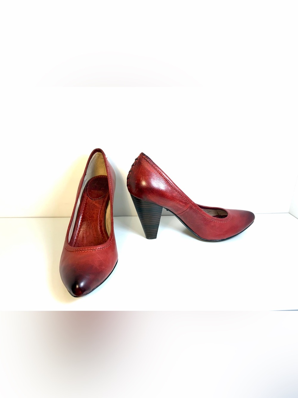 Frye Regina High Heel Burnt Orange Leather Pointed-Toe Pump with Stacked Heel